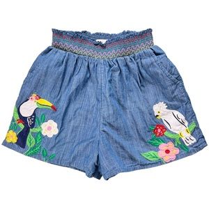 Mini Boden Chambray Parrot Floral Embroidered Shorts Size 11 Years